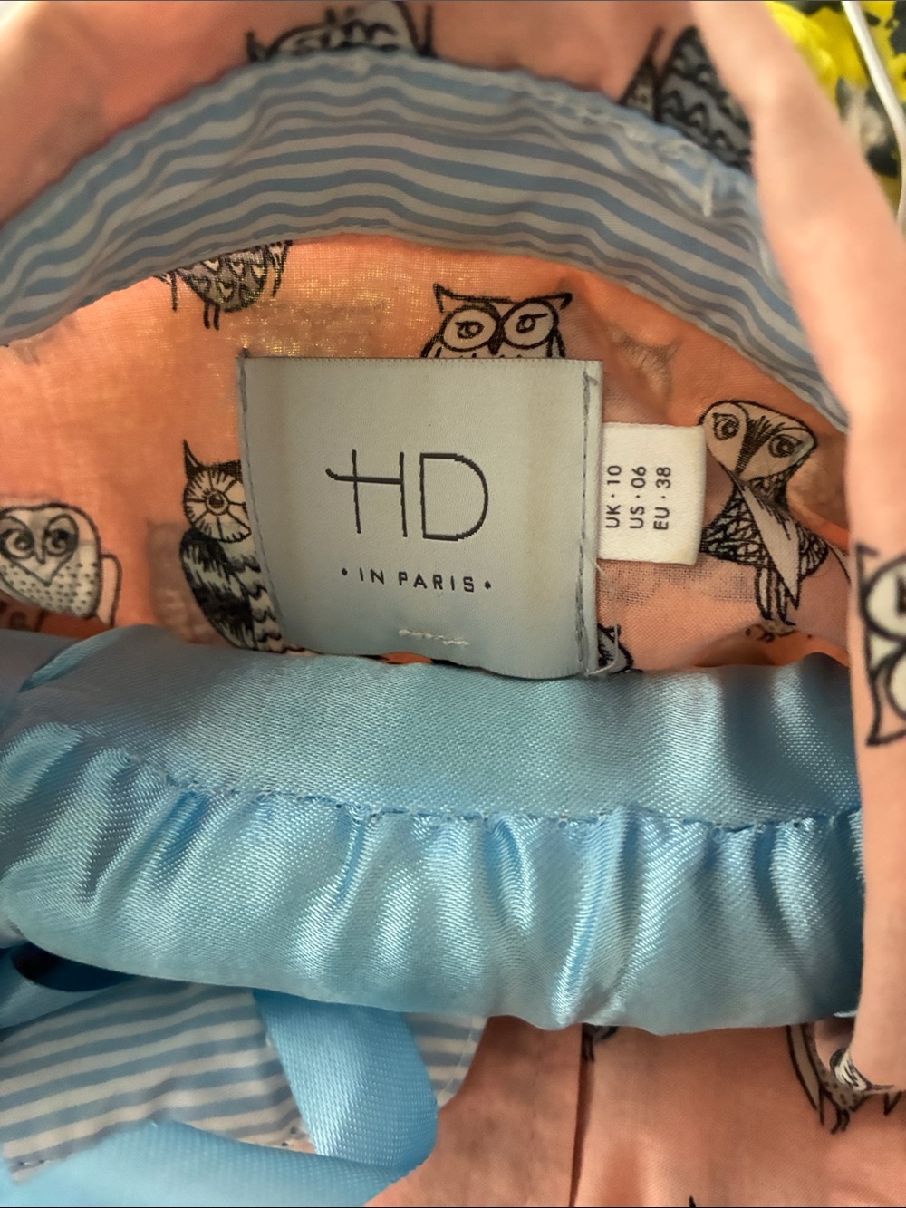 HD in Paris Peach shirt with Light Blue Trim and Owl Print